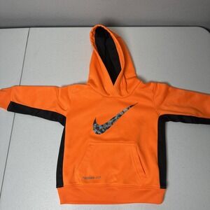 NIKE Toddlers Therma Fit Flourescent Orange Hoodie W/ Camo Swoosh Size 12M